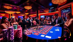 Engaging casino atmosphere highlighting 주소모음 with roulette and poker chips.