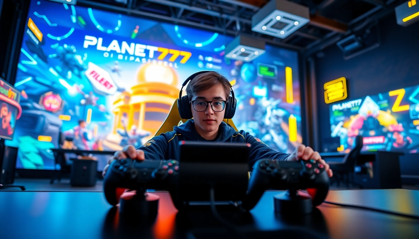 Jelajahi keseruan dalam permainan PLANET77 game dengan karakter gaming di setup modern.