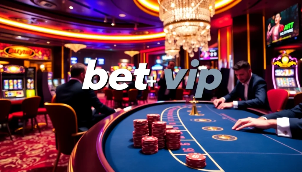 Trải nghiệm cược cao tại Betvip với cảnh casino sang trọng có bàn poker và bánh xe roulette.