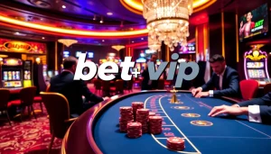 Trải nghiệm cược cao tại Betvip với cảnh casino sang trọng có bàn poker và bánh xe roulette.
