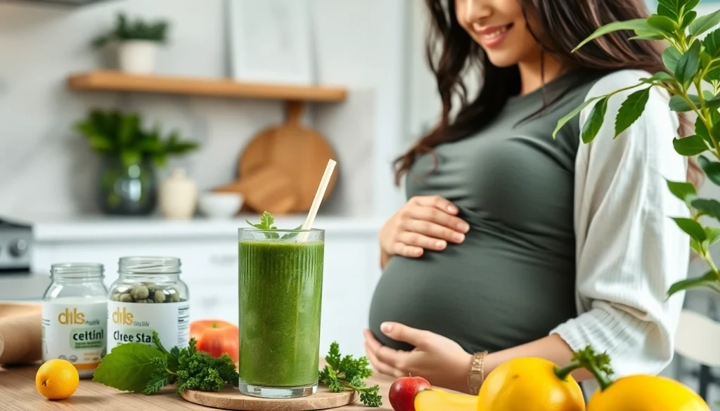 妊婦のための居心地の良いキッチンで作る健康的な葉酸サプリのスムージー