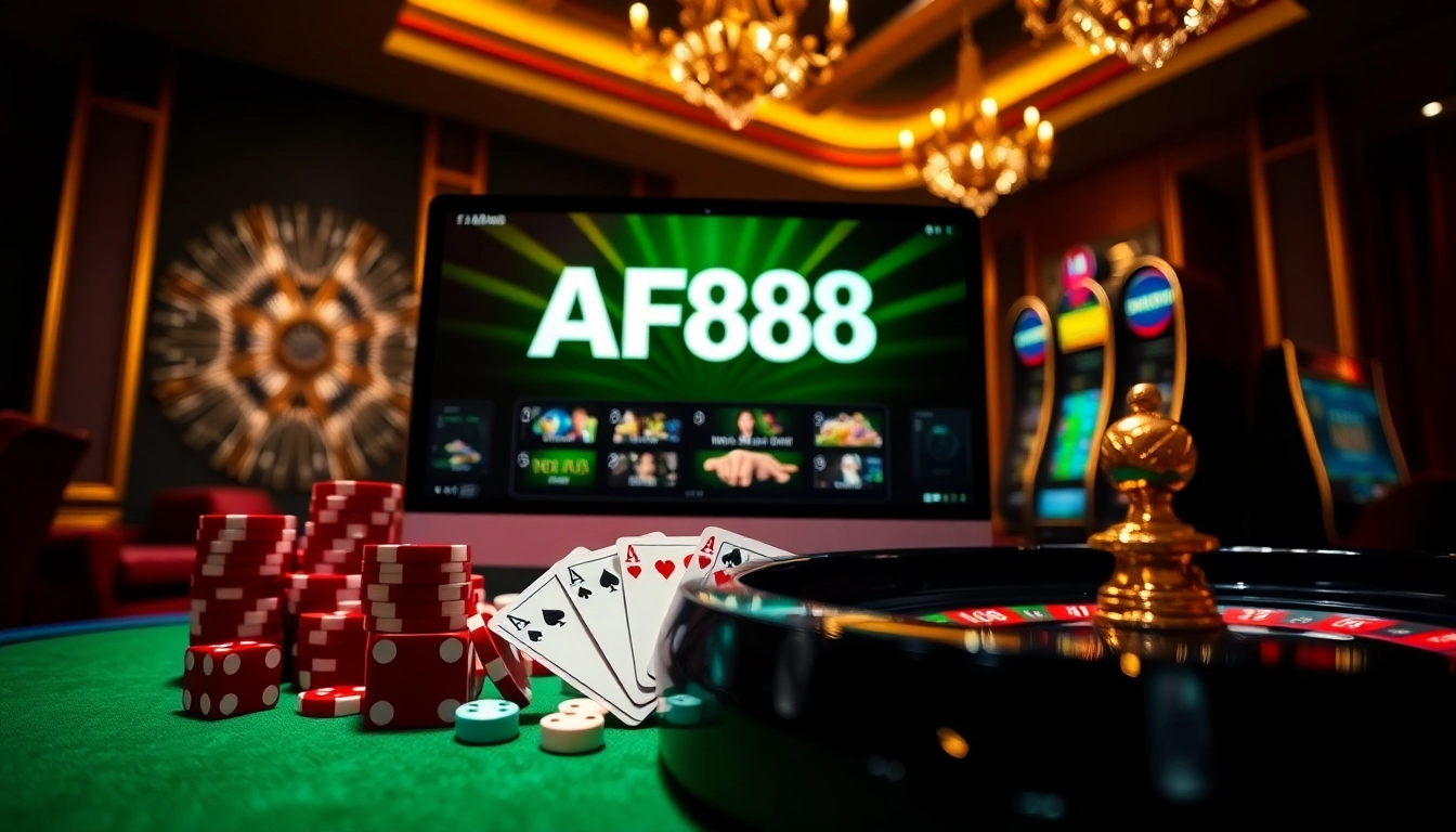 Engage with AF88 LINK at a dazzling online casino featuring poker chips and roulette.