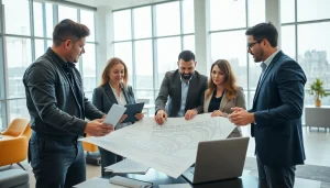 Railroad Design Consultants analyzing plans in a bright office showcasing collaboration.
