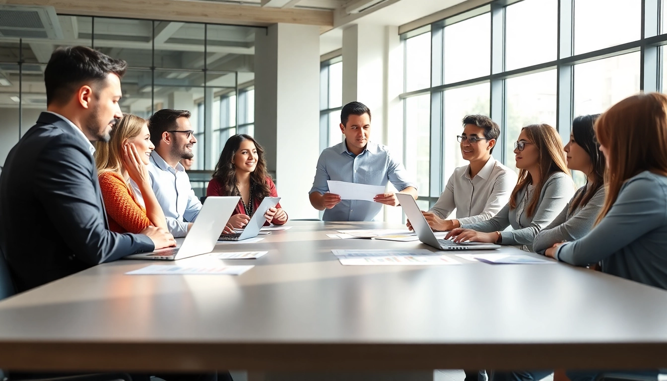 Engage in a vibrant business meeting with diverse professionals in a bright office.