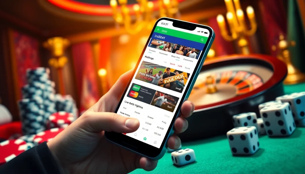 Experience the thrill of betting on the indibet app amidst a luxurious casino backdrop.