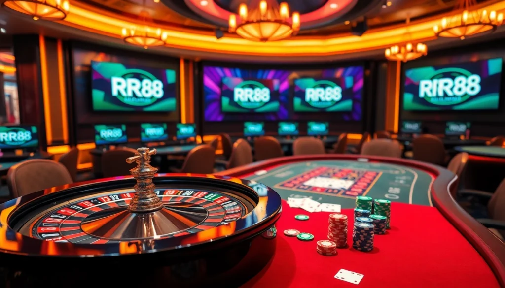 Engage in high-stakes gaming at https://rr88c.org/ with a vibrant poker table and roulette wheel.