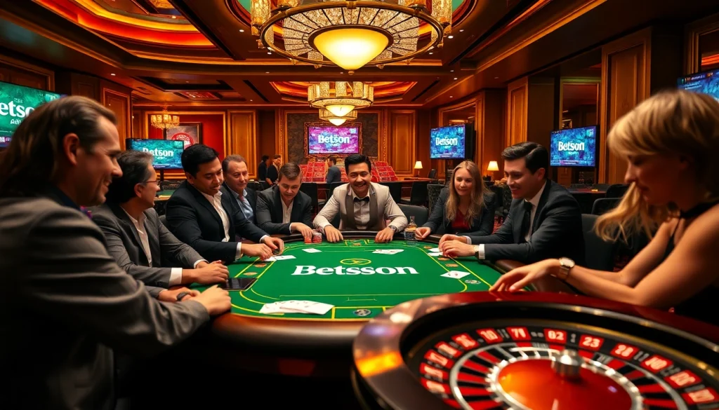 Experience the thrill of poker at Betsson's luxurious gaming table with vibrant chips and cards.