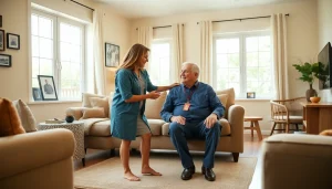 Engaging in in home care austin tx, a caregiver supports a senior in a warm living room.