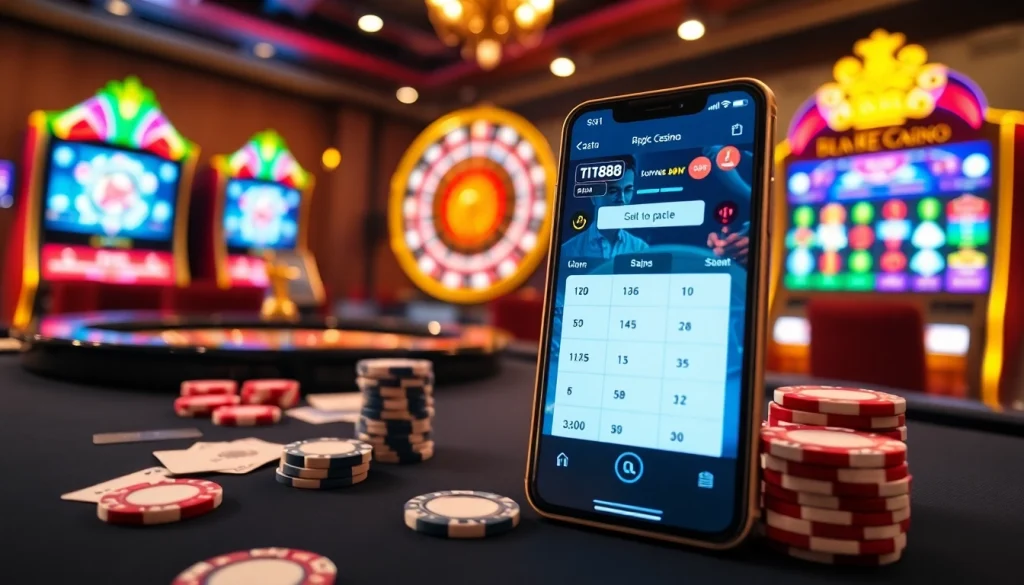 Trải nghiệm sự hứng khởi của Tik 88 với một chiếc điện thoại thông minh hiển thị cảnh casino hấp dẫn.
