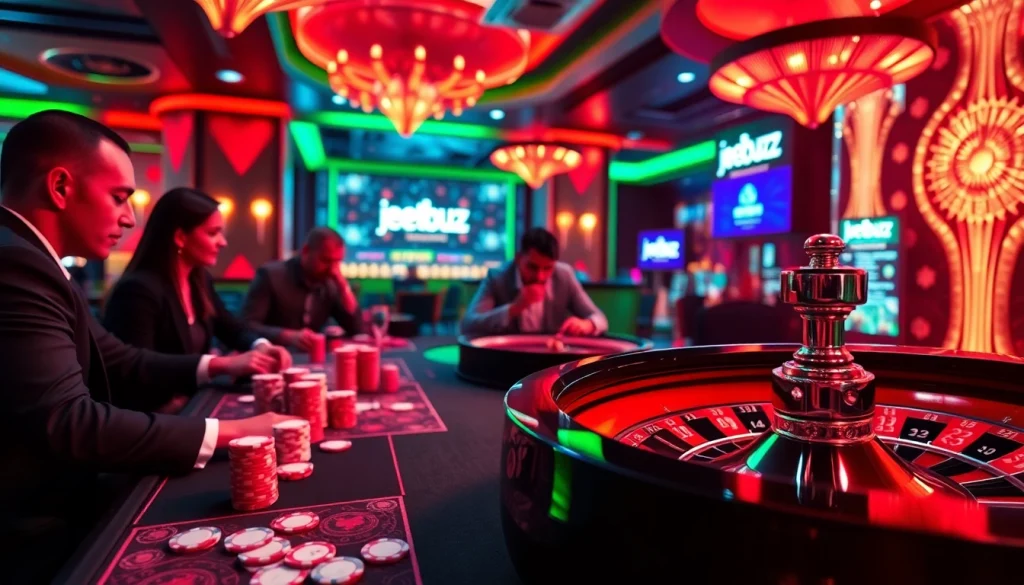 Players enjoying an engaging game at the jeetbuzz ক্যাসিনো, showcasing vibrant poker chips and cards.