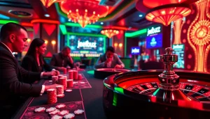 Players enjoying an engaging game at the jeetbuzz ক্যাসিনো, showcasing vibrant poker chips and cards.