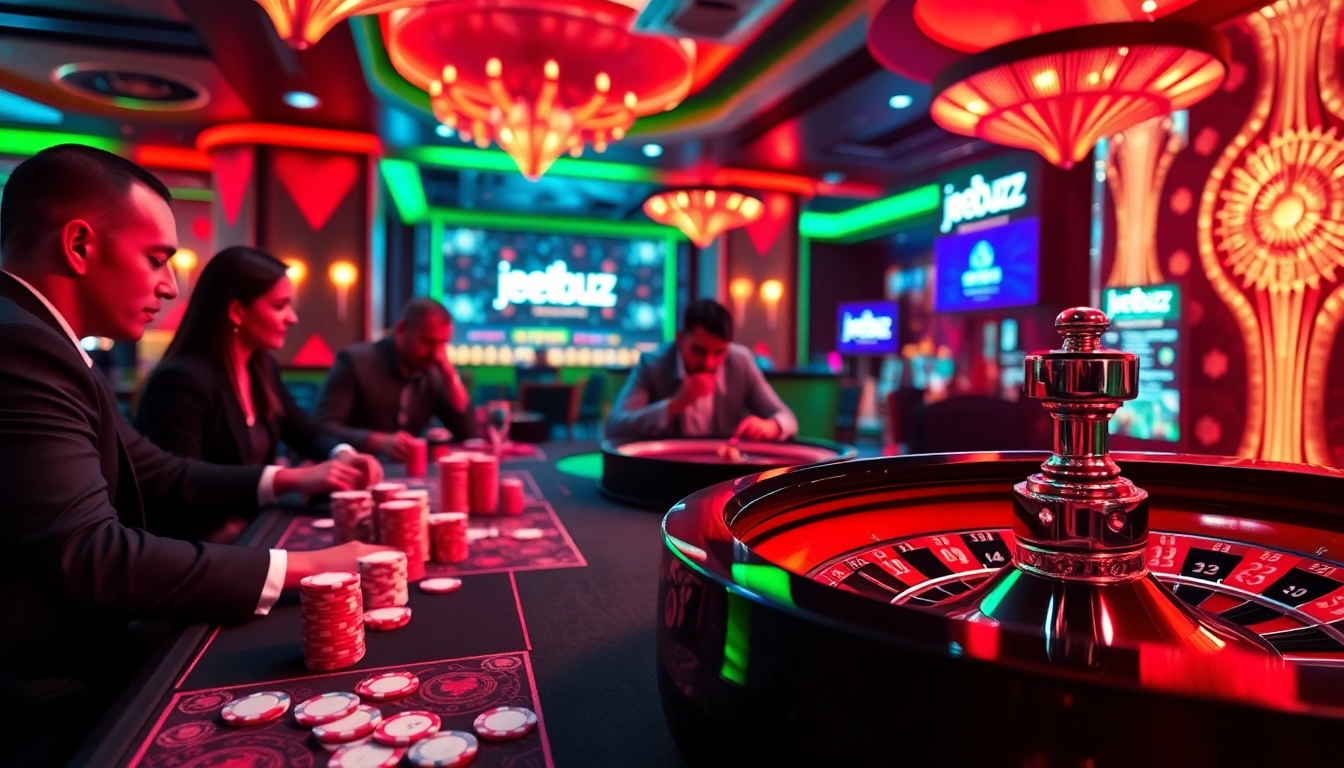 Players enjoying an engaging game at the jeetbuzz ক্যাসিনো, showcasing vibrant poker chips and cards.