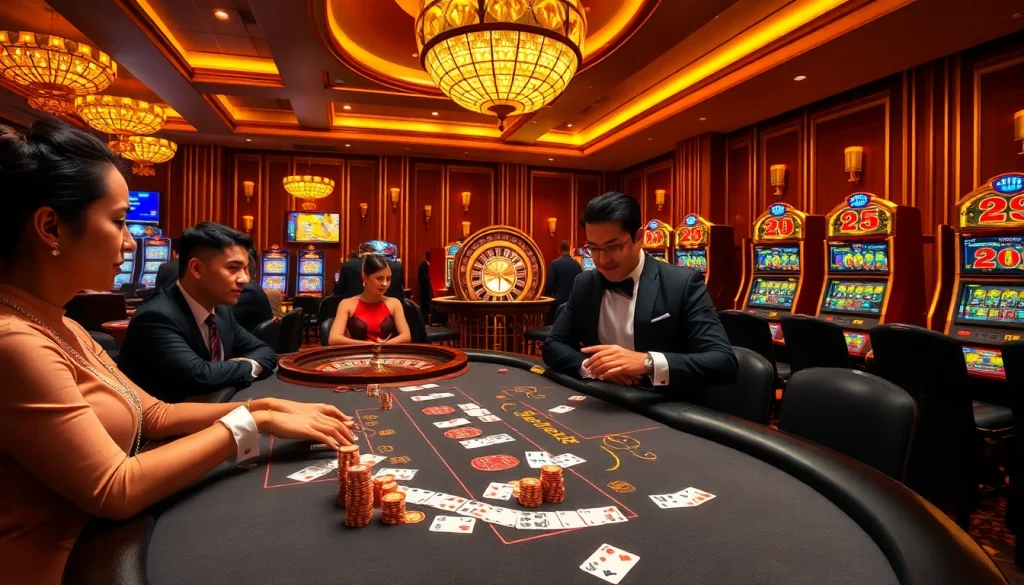 Experience thrilling action at 5GBET's vibrant casino atmosphere with poker tables and slot machines.