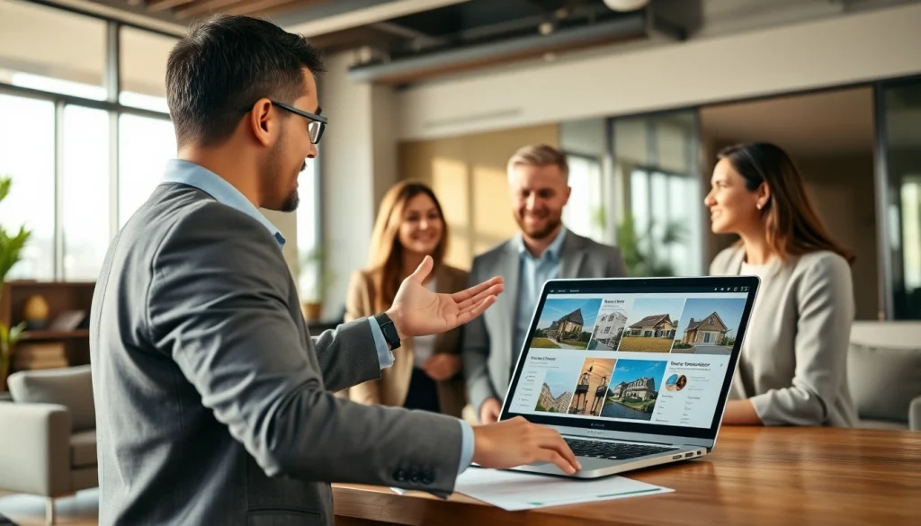 Engage with a professional in Real Estate showcasing listings in a modern office.