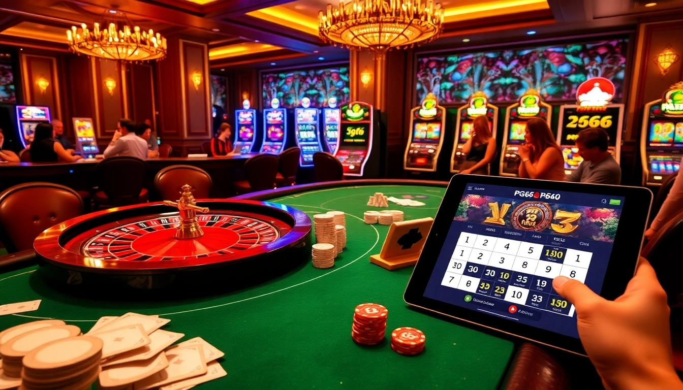 Experience the thrill of PG66 with a vibrant casino scene filled with poker chips and slot machines.