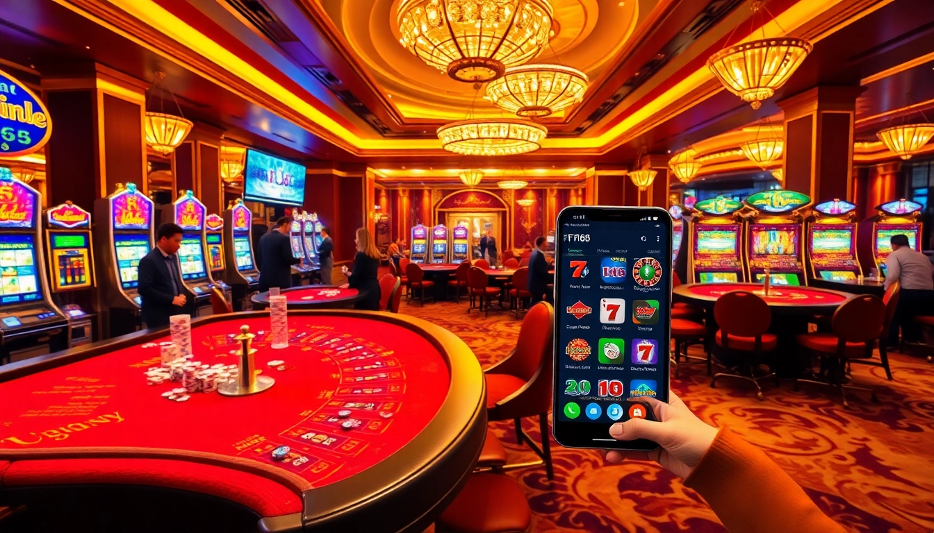 F168 gamblers enjoying thrilling casino games amid vibrant tables and luxury decor.