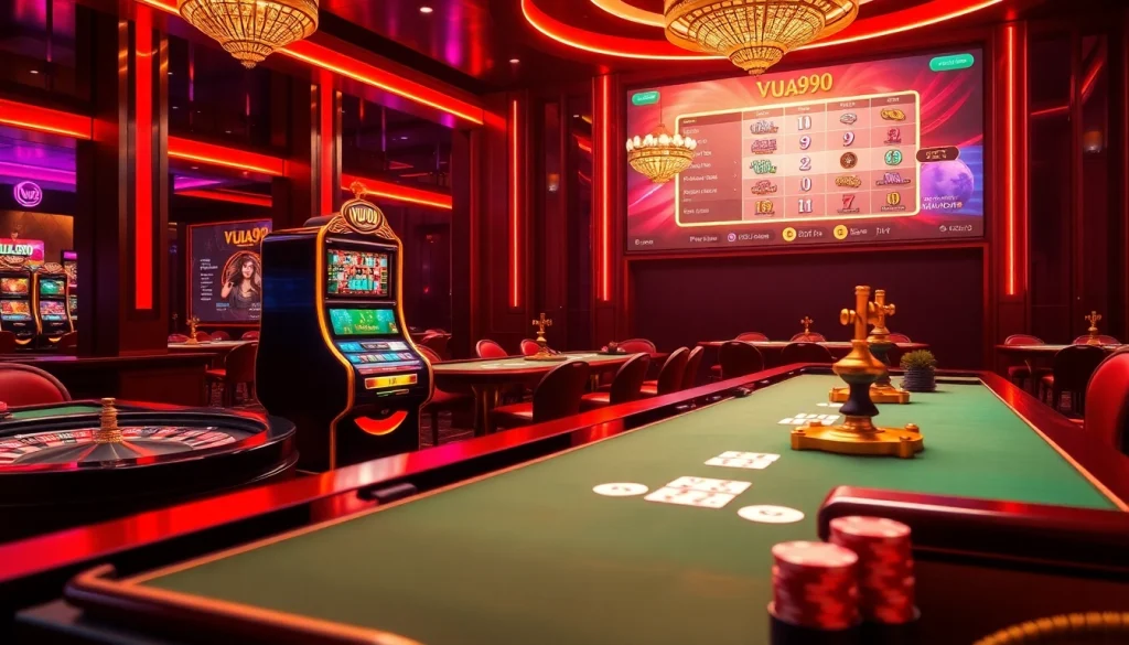 Experience the excitement of gambling at Vua99 casino, featuring vibrant tables and modern slot machines.
