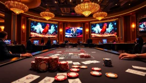 Experience the excitement of đá gà trực tiếp thomo with dynamic visuals of a high-stakes gambling environment.
