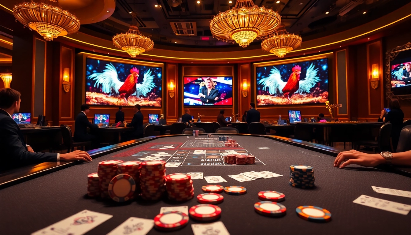 Experience the excitement of đá gà trực tiếp thomo with dynamic visuals of a high-stakes gambling environment.