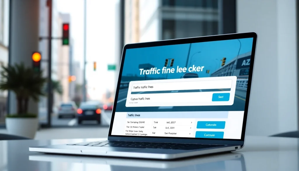 Check traffic fines using https://finecheck.cy on a sleek laptop in a modern office.