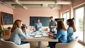 Creating branded content collaboratively in a modern studio setting.