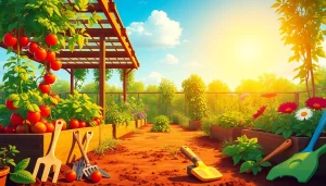 Gardening community garden with vibrant plants and tools, inviting active engagement.