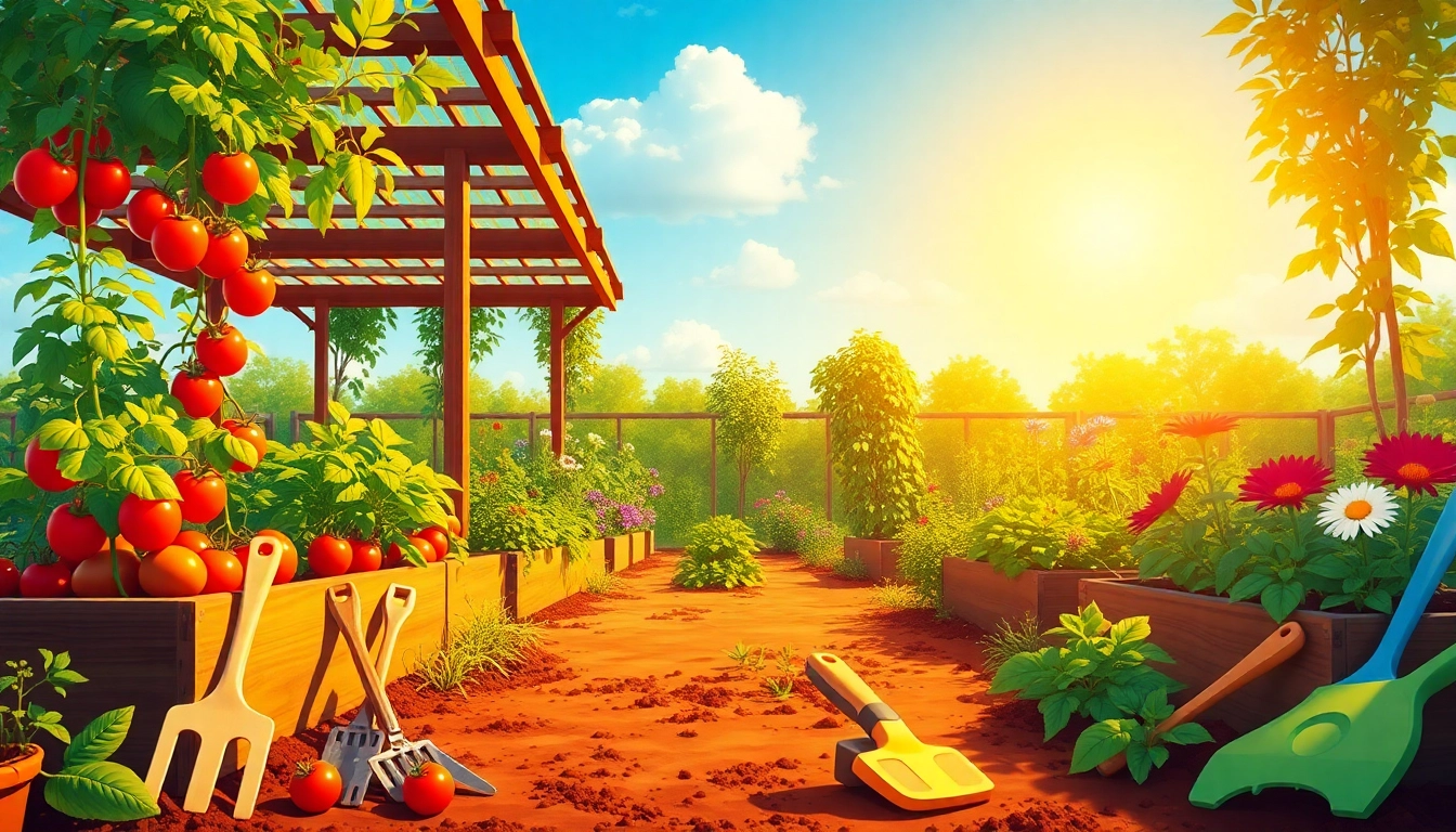 Gardening community garden with vibrant plants and tools, inviting active engagement.