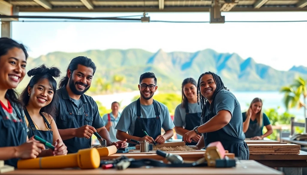 Train at trade schools in Hawaii, featuring diverse students collaborating in a vibrant learning atmosphere.