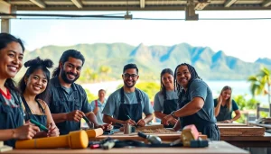 Train at trade schools in Hawaii, featuring diverse students collaborating in a vibrant learning atmosphere.