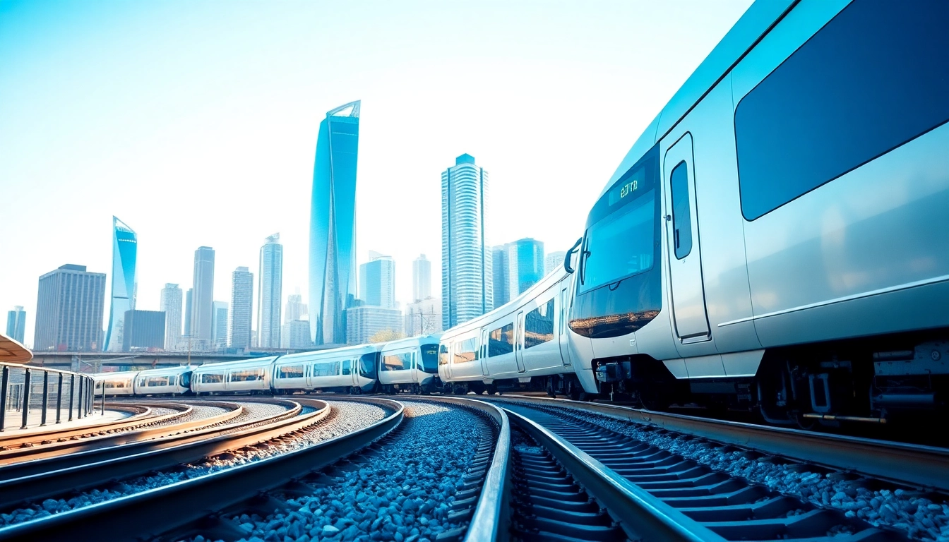 Rail systems in action with a modern train on tracks showcasing urban transport efficiency.