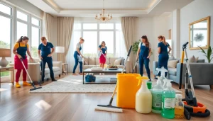 Villa Deep Cleaning Services Dubai, showcasing a professional team cleaning a spacious living room with eco-friendly products.