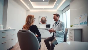 現代的なクリニックで、髪の再生に関する患者と医師の相談シーンを描いた親和クリニックの口コミ用画像