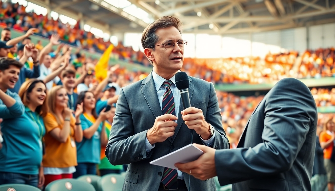 Engaging sports reporter at a game, representing https://thesportstribune.in with enthusiastic fans.