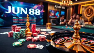 Experience thrilling gameplay at JUN88 with luxurious casino tables and vibrant poker games.