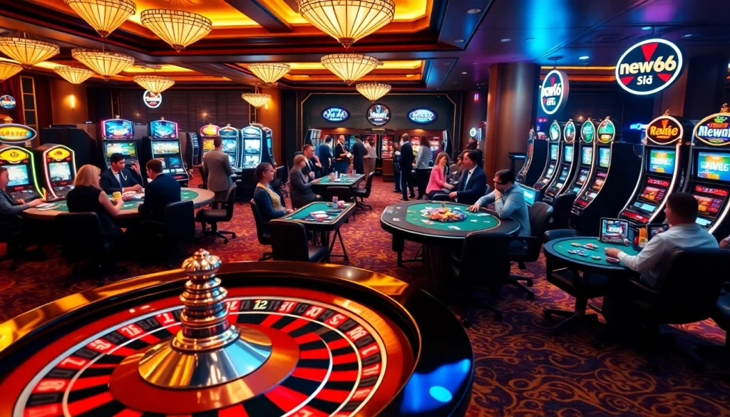 New66 players engaging in thrilling casino games at a luxurious gambling venue.