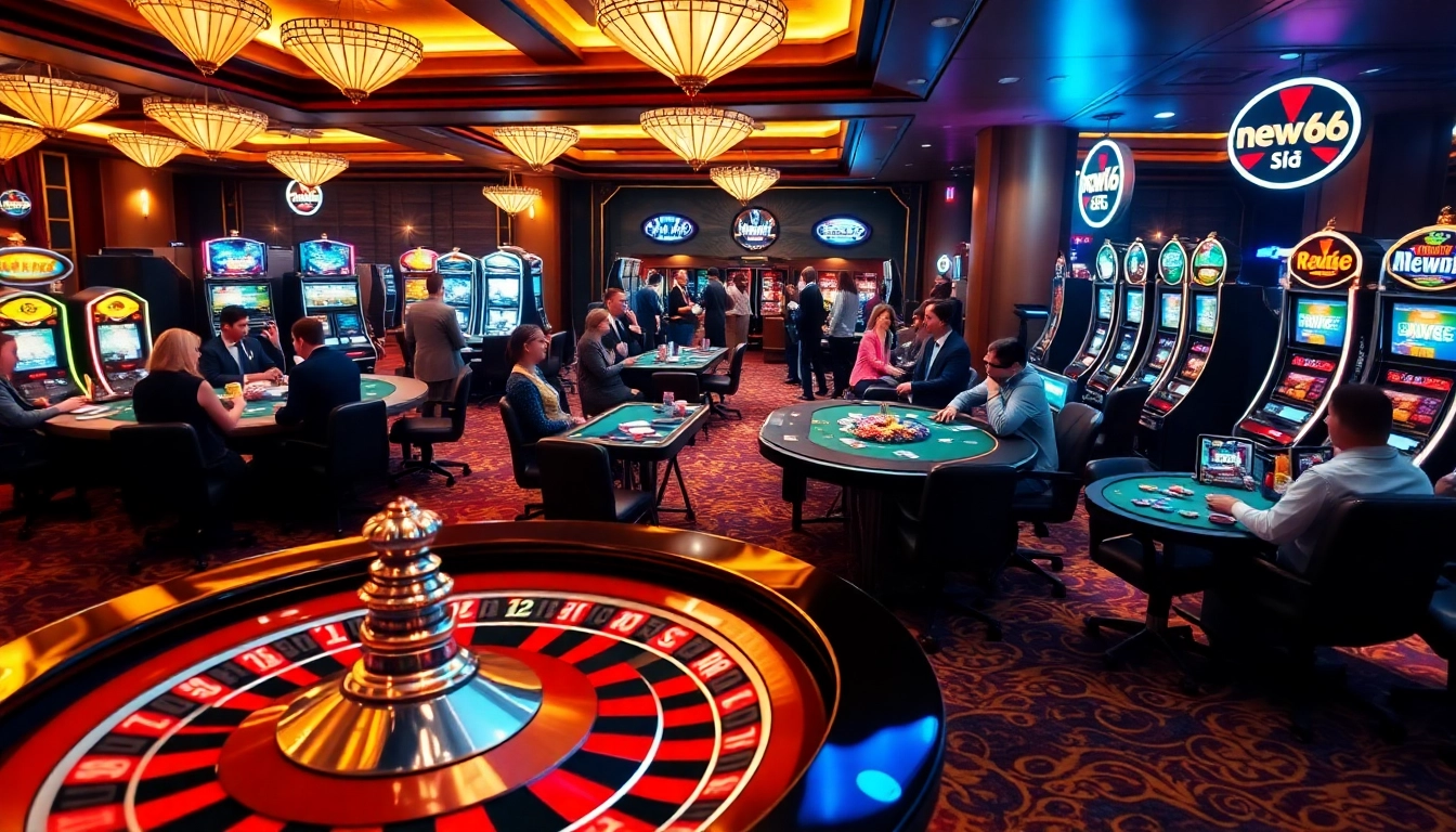 New66 players engaging in thrilling casino games at a luxurious gambling venue.