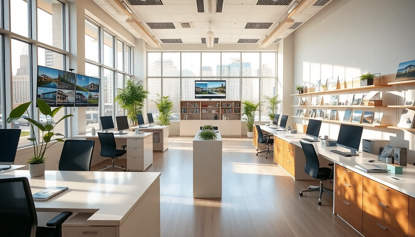 Showcase real estate office with modern decor and bright lighting, embodying a professional atmosphere.