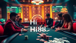 Players enjoying a high-stakes poker game at Hi88's luxurious casino, energized by vibrant colors and ambiance.