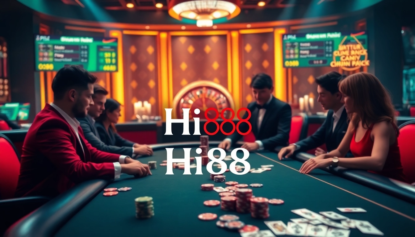 Players enjoying a high-stakes poker game at Hi88's luxurious casino, energized by vibrant colors and ambiance.