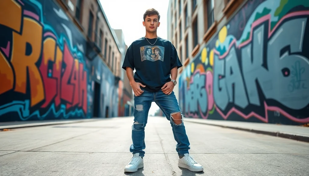 Explore modern streetwear outfits in a vibrant urban scene with stylish graphic tees and sneakers.