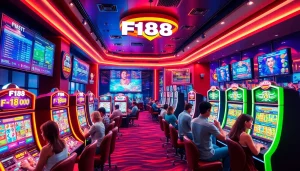 Exciting F168 online casino scene featuring diverse players at slot machines and engaging gaming interfaces.