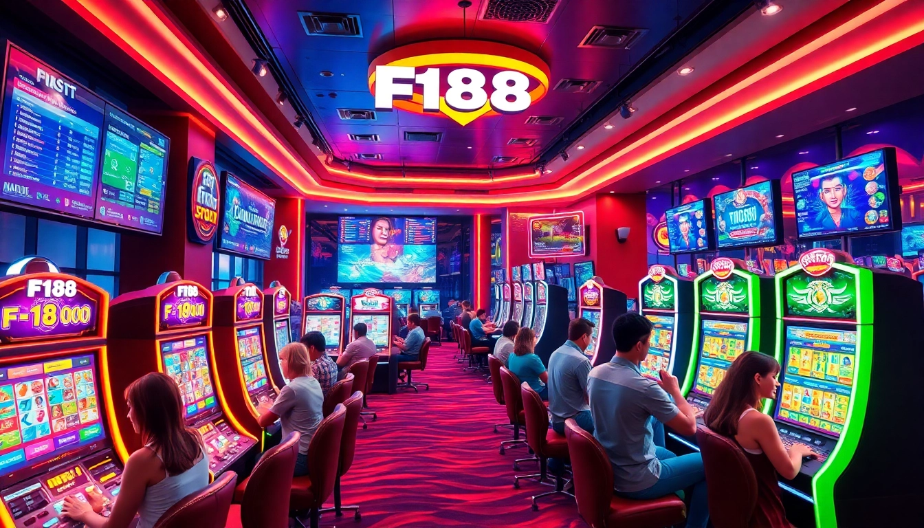 Exciting F168 online casino scene featuring diverse players at slot machines and engaging gaming interfaces.