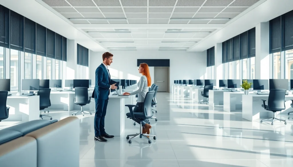 Customer receiving assistance at a typing center with modern decor and friendly staff.