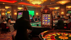 Players enjoying the thrilling raja barong slot machine in a luxurious casino atmosphere.
