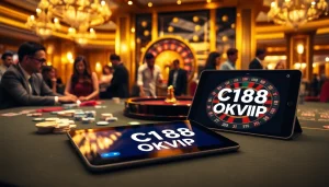 C168 OKVIP players enjoying an exciting game at a luxurious casino table with vibrant poker chips.