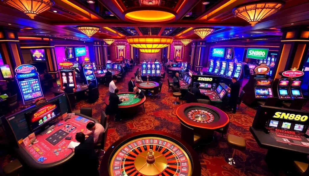Players engaging in thrilling games at SN888's vibrant casino floor, showcasing excitement and luxury.