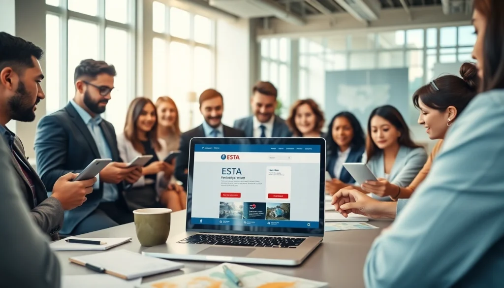 Engaging scene of people using the esta application in a modern office setting, showcasing online interactions.