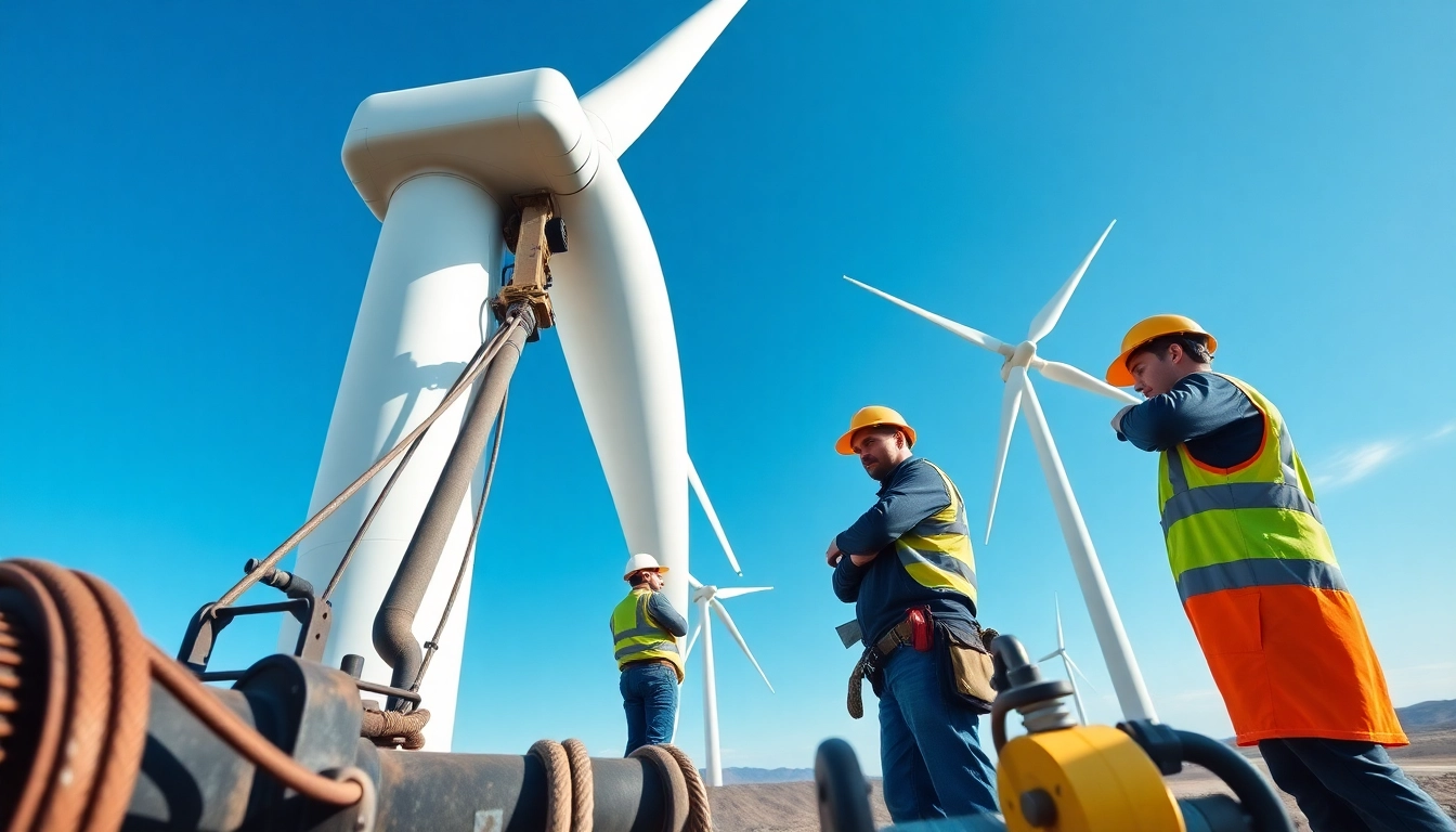 Skilled labor for energy sector technicians working on wind turbines, emphasizing teamwork and professionalism.