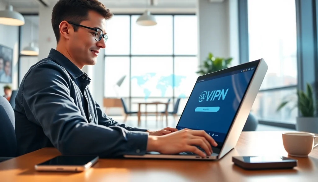 快连vpn下载 showcased on a laptop in a modern office, emphasizing connectivity and security.