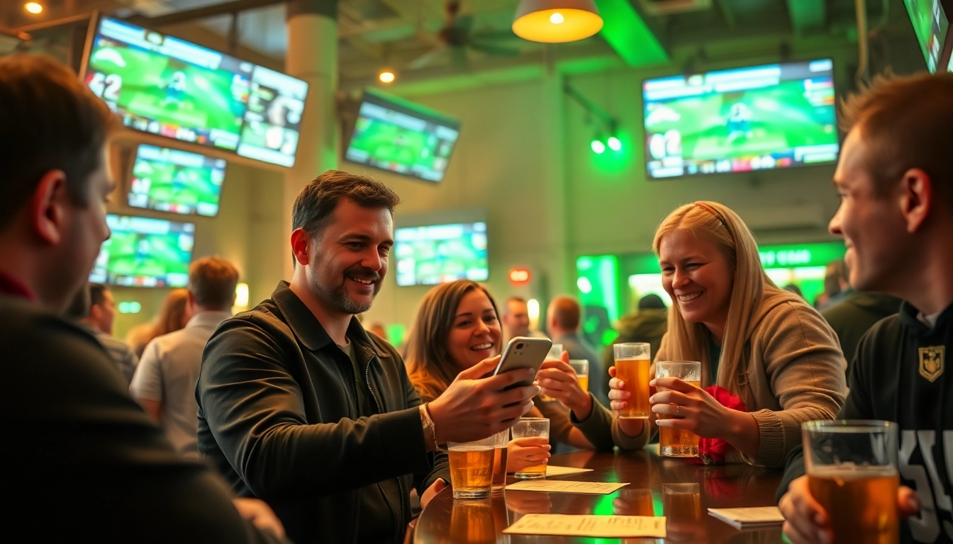 Passionate fans engage in sports betting in South Carolina at a lively sports bar, showcasing energy.